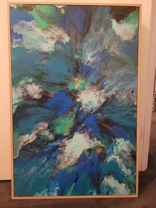 This is a 90cm x 60cm acrylic pour painting using blow out technique.  Painting has had clear acrylic spray over top to protect painting.  Art work is framed with wood backing and is ready to hang.