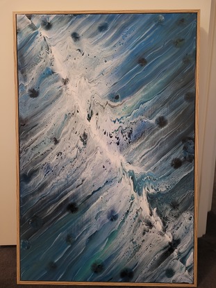 This is a 90cm x 60cm acrylic pour painting using swipe technique.  Painting has had clear acrylic spray over top to protect painting.  Art work is framed with wood backing and is ready to hang.