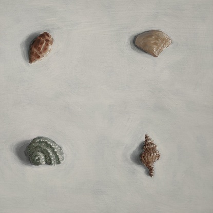 Sea shells of various shapes and sizes painted in rows to form a square on the board. The shells are soft muted colours on a neutral off white textured background. 