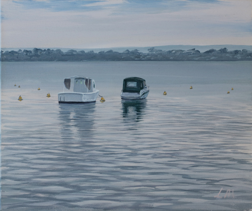 Two motor boats are moored in the bay, one old, one new. They're always there. There are many empty yellow moorings nearby .The river begins to develop a dapple as the morning calm is slightly ruffled. The grey and yellowish light conveys calm and tranquility.