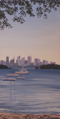 This tall painting shows a view across Watson's bay to Sydney city in the distance. The branches of a fig tree shade the foreground from above. Several boats are moored in the bay, a couple of yachts can be seen in the distance and a few seagulls roam the beach.