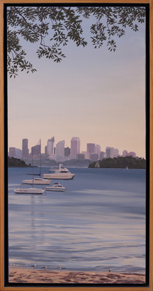 This tall painting shows a view across Watson's bay to Sydney city in the distance. The branches of a fig tree shade the foreground from above. Several boats are moored in the bay, a couple of yachts can be seen in the distance and a few seagulls roam the beach.