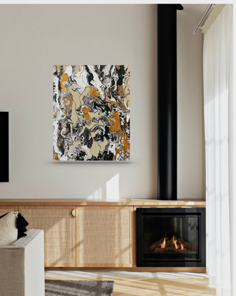 An abstract painting in neutral pallet with gold highlights depicting the meandering Australian Overland Outback