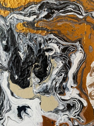 An abstract painting in neutral pallet with gold highlights depicting the meandering Australian Overland Outback