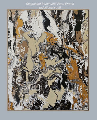 An abstract painting in neutral pallet with gold highlights depicting the meandering Australian Overland Outback