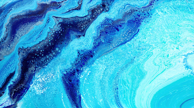 ABSTRACT painting that gives the impression of water -- deep indigo blue and contrasting aquamarine.  The intricate mosaic pattern within the tonal blue hues and the glimmering metallics adds added interest and intrigue.  The impression of water, whether it be the ocean, a lake or even a swimming pool.
The closer you get to the painting the more of the interesting details and patterns you can see-- the painting changes personality when one views from different angles!