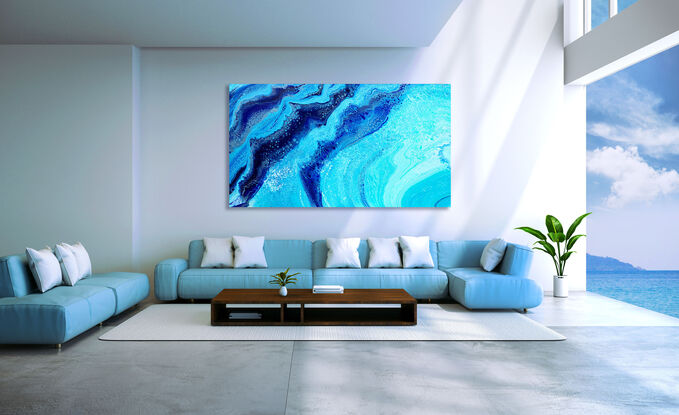 ABSTRACT painting that gives the impression of water -- deep indigo blue and contrasting aquamarine.  The intricate mosaic pattern within the tonal blue hues and the glimmering metallics adds added interest and intrigue.  The impression of water, whether it be the ocean, a lake or even a swimming pool.
The closer you get to the painting the more of the interesting details and patterns you can see-- the painting changes personality when one views from different angles!