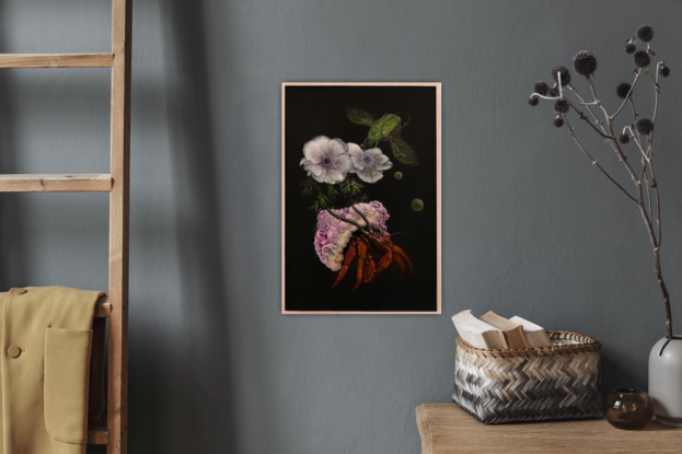 Composition of hermit crab scarab and anemone flower with a dramatic background 