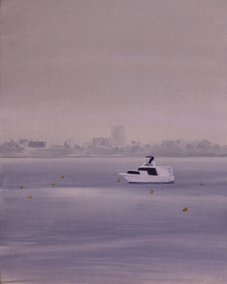 A white motorboat emerges through the rain intermittently. Behind it in the distance the foreshore of South Perth is vaguely identifiable through the rain. A grey painting which captures the atmospheric conditions beautifully.