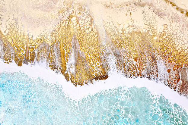 ABSTRACT painting that gives the impression of soothing ocean waves lapping in to soft sandy beach with slow easy waves creating crests of white..  The intricate mosaic pattern within the tonal teal hues and the glimmering metallics adds added interest and intrigue.
The closer you get to the painting the more of the interesting details and patterns you can see. Metallics add an extra depth because the painting changes personality when one views from different angles.