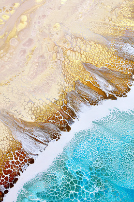 ABSTRACT painting that gives the impression of soothing ocean waves lapping in to soft sandy beach with slow easy waves creating crests of white..  The intricate mosaic pattern within the tonal teal hues and the glimmering metallics adds added interest and intrigue.
The closer you get to the painting the more of the interesting details and patterns you can see. Metallics add an extra depth because the painting changes personality when one views from different angles.