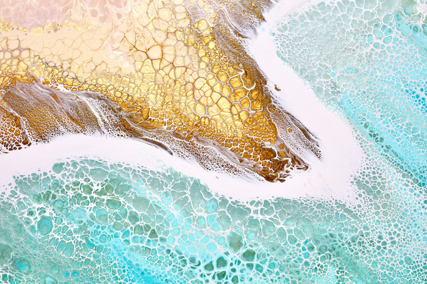 ABSTRACT painting that gives the impression of soothing ocean waves lapping in to soft sandy beach with slow easy waves creating crests of white..  The intricate mosaic pattern within the tonal teal hues and the glimmering metallics adds added interest and intrigue.
The closer you get to the painting the more of the interesting details and patterns you can see. Metallics add an extra depth because the painting changes personality when one views from different angles.