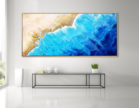 ABSTRACT painting that gives the impression of soothing ocean waves lapping in to soft sandy beach with slow easy waves creating crests of white..  The intricate mosaic pattern within the tonal blue hues and the glimmering metallics adds added interest and intrigue.
The closer you get to the painting the more of the interesting details and patterns you can see. Metallics add an extra depth because the painting changes personality when one views from different angles.