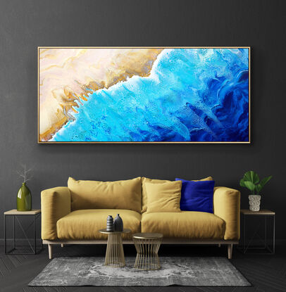 ABSTRACT painting that gives the impression of soothing ocean waves lapping in to soft sandy beach with slow easy waves creating crests of white..  The intricate mosaic pattern within the tonal blue hues and the glimmering metallics adds added interest and intrigue.
The closer you get to the painting the more of the interesting details and patterns you can see. Metallics add an extra depth because the painting changes personality when one views from different angles.