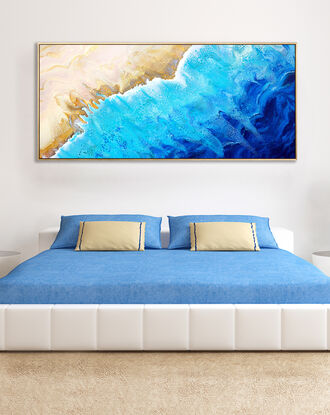 ABSTRACT painting that gives the impression of soothing ocean waves lapping in to soft sandy beach with slow easy waves creating crests of white..  The intricate mosaic pattern within the tonal blue hues and the glimmering metallics adds added interest and intrigue.
The closer you get to the painting the more of the interesting details and patterns you can see. Metallics add an extra depth because the painting changes personality when one views from different angles.