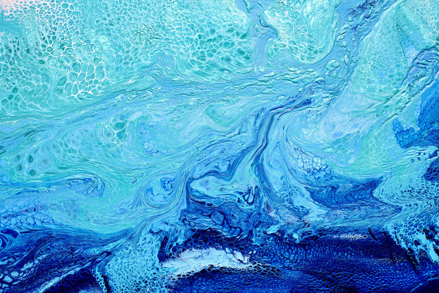 ABSTRACT painting that gives the impression of soothing ocean waves lapping in to soft sandy beach with slow easy waves creating crests of whie..  The intricate mosaic pattern within the tonal blue hues and the glimmering metallics adds added interest and intrigue.
The closer you get to the painting the more of the interesting details and patterns you can see. Metallics add an extra depth because the painting changes personality when one views from different angles!