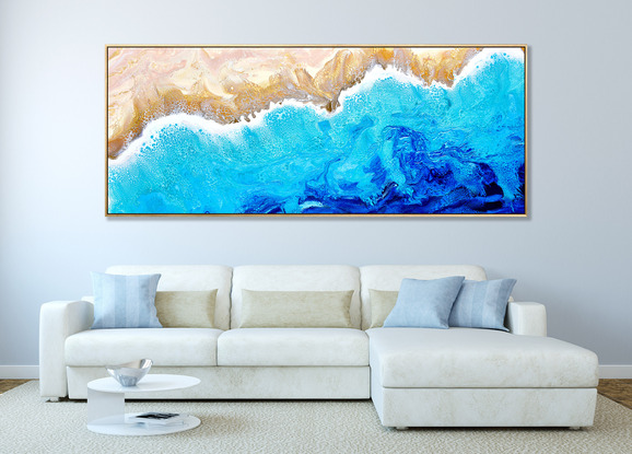 ABSTRACT painting that gives the impression of soothing ocean waves lapping in to soft sandy beach with slow easy waves creating crests of whie..  The intricate mosaic pattern within the tonal blue hues and the glimmering metallics adds added interest and intrigue.
The closer you get to the painting the more of the interesting details and patterns you can see. Metallics add an extra depth because the painting changes personality when one views from different angles!