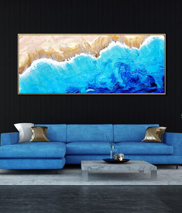 ABSTRACT painting that gives the impression of soothing ocean waves lapping in to soft sandy beach with slow easy waves creating crests of whie..  The intricate mosaic pattern within the tonal blue hues and the glimmering metallics adds added interest and intrigue.
The closer you get to the painting the more of the interesting details and patterns you can see. Metallics add an extra depth because the painting changes personality when one views from different angles!