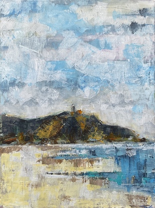 Seascape, beach and lighthouse painting