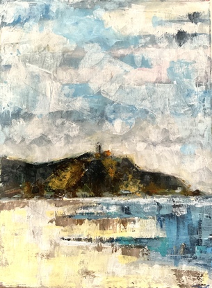 Seascape, beach and lighthouse painting