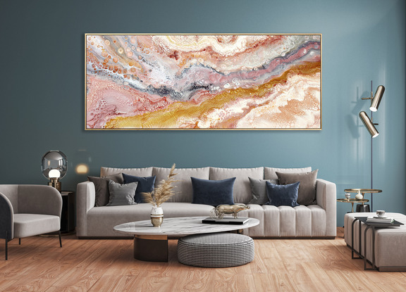 ABSTRACT painting of flowing colours: golds, light golds, ochre, chocolate, royal purple, pink, beige.
It has incredible depth while evoking a feeling of peace/
The closer you get to the painting the more of the interesting details and patterns you can see. Metallics add an extra depth because the painting changes personality when one views from different angles.