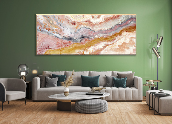 ABSTRACT painting of flowing colours: golds, light golds, ochre, chocolate, royal purple, pink, beige.
It has incredible depth while evoking a feeling of peace/
The closer you get to the painting the more of the interesting details and patterns you can see. Metallics add an extra depth because the painting changes personality when one views from different angles.