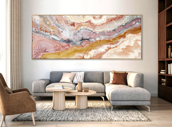 ABSTRACT painting of flowing colours: golds, light golds, ochre, chocolate, royal purple, pink, beige.
It has incredible depth while evoking a feeling of peace/
The closer you get to the painting the more of the interesting details and patterns you can see. Metallics add an extra depth because the painting changes personality when one views from different angles.