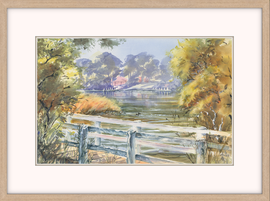 Watercolour painting of a white timber bridge to Duck Island in Sussex Inlet