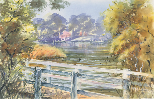 Watercolour painting of a white timber bridge to Duck Island in Sussex Inlet