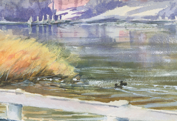 Watercolour painting of a white timber bridge to Duck Island in Sussex Inlet