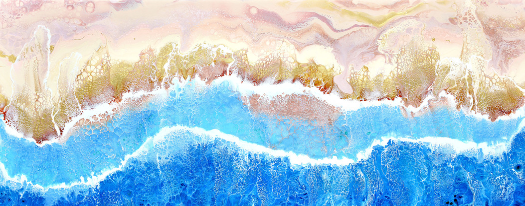 ABSTRACT painting that gives the impression of soothing ocean waves lapping in to soft sandy beach with slow easy waves creating crests of white..  The intricate mosaic pattern within the tonal blue hues and the glimmering metallics adds added interest and intrigue.
The closer you get to the painting the more of the interesting details and patterns you can see. Metallics add an extra depth because the painting changes personality when one views from different angles.
although it is an impressionistic abstract, it still has a sense of motion of waves moving and frothing white