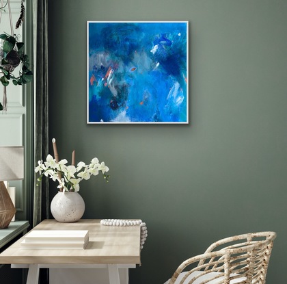 This stunning work is hard to look away from. The intense blues of the ocean  and the beautiful, bright pops of reef coral make it a highly desirable little collectors piece. It is a piece that is hard to look away from because it really draws you in. There is a lot of depth in this small painting and will make a big statement in a small space. I have  made this art an affordable art piece, for those that are beginning their collections and who would like a Carolyne Jane Art work.