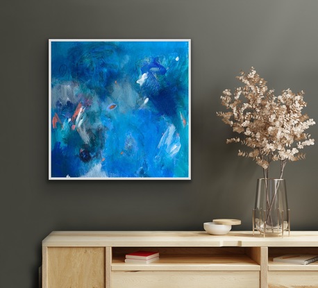 This stunning work is hard to look away from. The intense blues of the ocean  and the beautiful, bright pops of reef coral make it a highly desirable little collectors piece. It is a piece that is hard to look away from because it really draws you in. There is a lot of depth in this small painting and will make a big statement in a small space. I have  made this art an affordable art piece, for those that are beginning their collections and who would like a Carolyne Jane Art work.