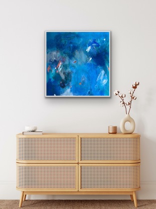 This stunning work is hard to look away from. The intense blues of the ocean  and the beautiful, bright pops of reef coral make it a highly desirable little collectors piece. It is a piece that is hard to look away from because it really draws you in. There is a lot of depth in this small painting and will make a big statement in a small space. I have  made this art an affordable art piece, for those that are beginning their collections and who would like a Carolyne Jane Art work.