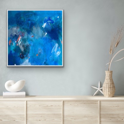 This stunning work is hard to look away from. The intense blues of the ocean  and the beautiful, bright pops of reef coral make it a highly desirable little collectors piece. It is a piece that is hard to look away from because it really draws you in. There is a lot of depth in this small painting and will make a big statement in a small space. I have  made this art an affordable art piece, for those that are beginning their collections and who would like a Carolyne Jane Art work.