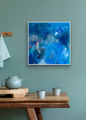 This stunning work is hard to look away from. The intense blues of the ocean  and the beautiful, bright pops of reef coral make it a highly desirable little collectors piece. It is a piece that is hard to look away from because it really draws you in. There is a lot of depth in this small painting and will make a big statement in a small space. I have  made this art an affordable art piece, for those that are beginning their collections and who would like a Carolyne Jane Art work.