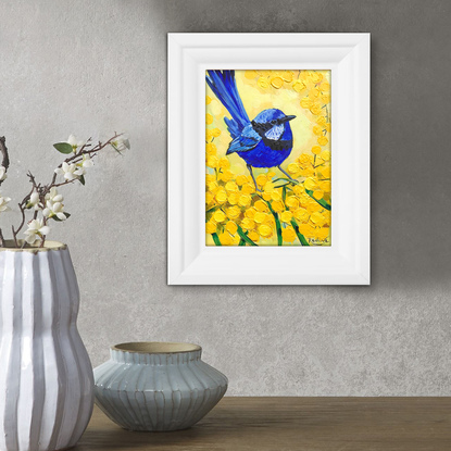 Splendid Fairy Wren bird and Golden Wattle original painting by Irina Redine. Australian bird small artwork framed and ready to hang, gift idea