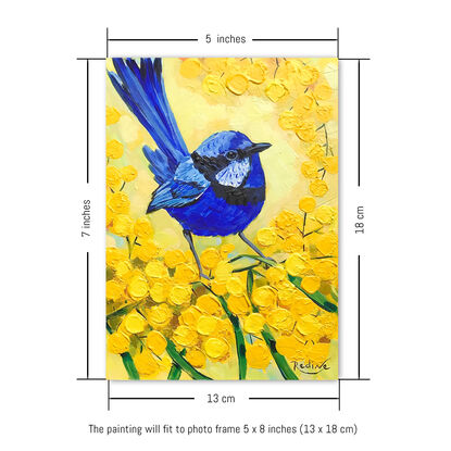 Splendid Fairy Wren bird and Golden Wattle original painting by Irina Redine. Australian bird small artwork framed and ready to hang, gift idea