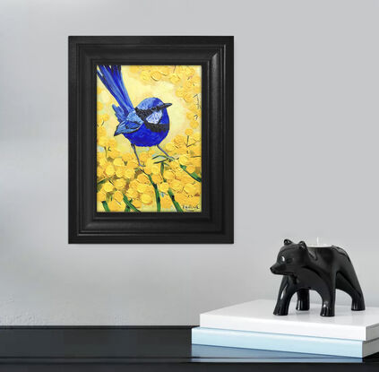 Splendid Fairy Wren bird and Golden Wattle original painting by Irina Redine. Australian bird small artwork framed and ready to hang, gift idea