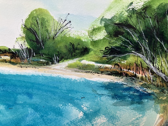 High tide in a small bay along Currumbin Creek. Blue water, sand and trees.