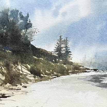 Sawtell beach scene with a sandy shelf and beach scrub dominating the foreground on the left, leading the eye into the distance. 