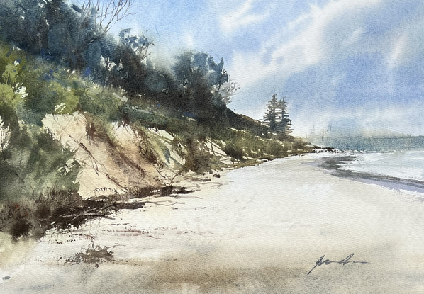 Sawtell beach scene with a sandy shelf and beach scrub dominating the foreground on the left, leading the eye into the distance. 