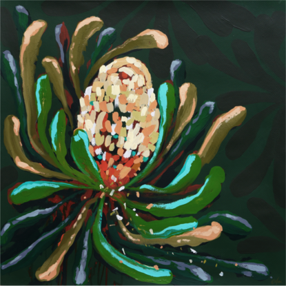 bright colourful banksia with simplified brush stroke markings