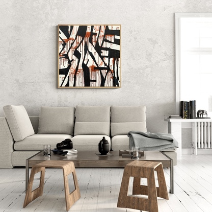 an organic  black linear pattern over burnt sienna earth coloured paint splatters.  