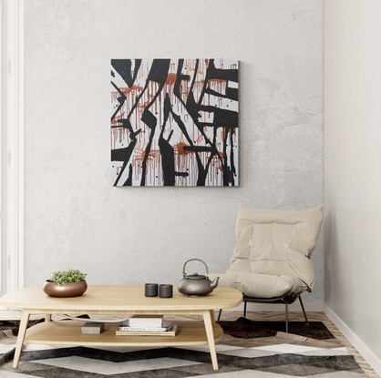 an organic  black linear pattern over burnt sienna earth coloured paint splatters.  