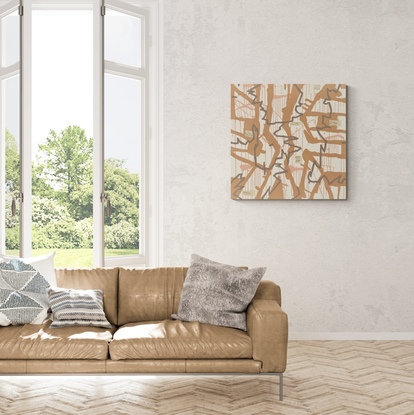 Australian earth colours combined with the inspiration of Scribbly Gum trees, this neutral piece is calming yet thought provoking. 