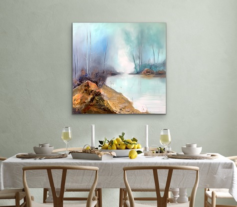 Beautiful light filled painting showing still water pond, full of reflections of sky, rocks and trees. 
Large impressive rock to the foreground as contrast to subtle softly blended distance.
Sides painted light blue to gallery standard.  Strung and ready to hang.