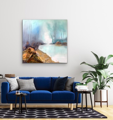 Beautiful light filled painting showing still water pond, full of reflections of sky, rocks and trees. 
Large impressive rock to the foreground as contrast to subtle softly blended distance.
Sides painted light blue to gallery standard.  Strung and ready to hang.