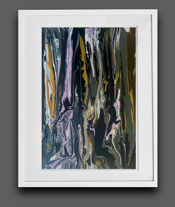 A framed strong artwork. A flowing abstracted  landscape hand painted in professional acrylic inks in ochre lavender and grey, inspired by the spectacular Jenolan Caves of NSW