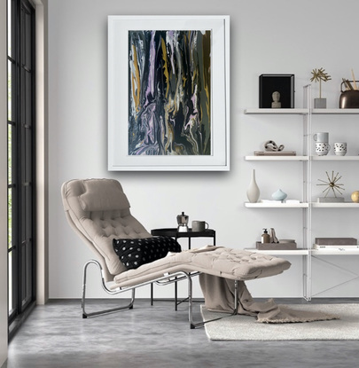 A framed strong artwork. A flowing abstracted  landscape hand painted in professional acrylic inks in ochre lavender and grey, inspired by the spectacular Jenolan Caves of NSW